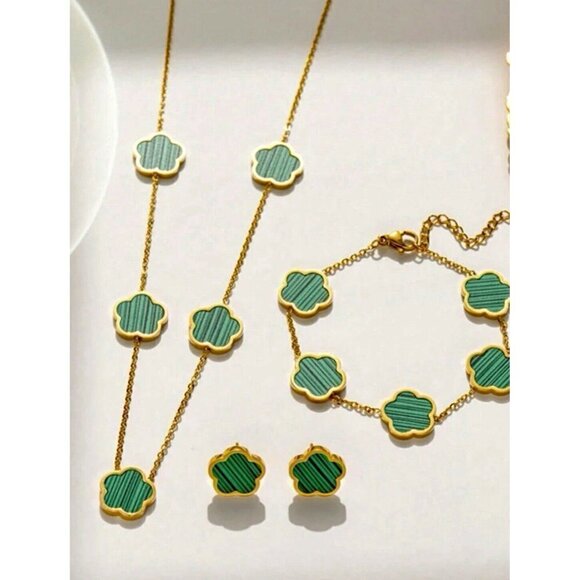 Gold Plated Clover Necklace Earring SET Green 5 Petals Unisex Womens Mens - Picture 1 of 9